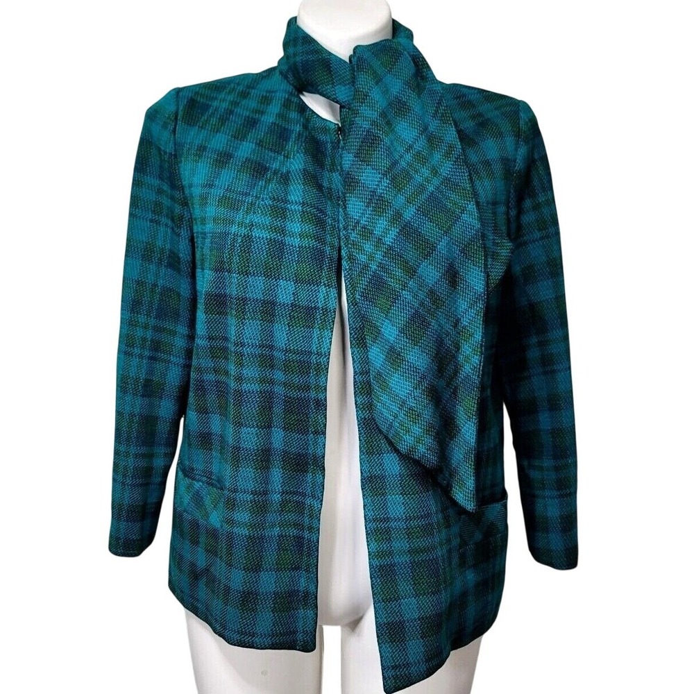Herbert Levy Vintage Teal Plaid Scarf Neck Blazer Open Front Mod Scooter Girl
